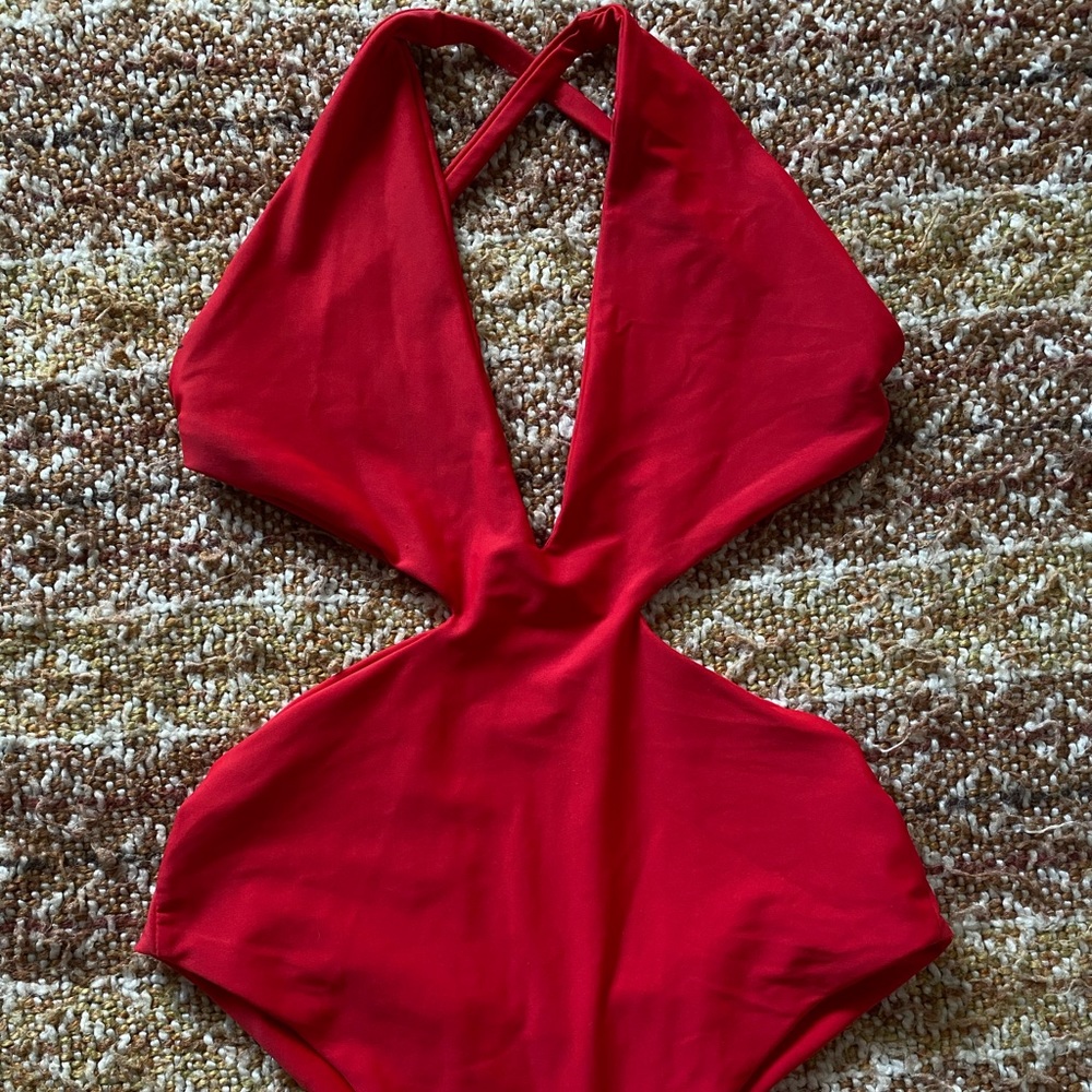 Red ribbed cut one piece bikini